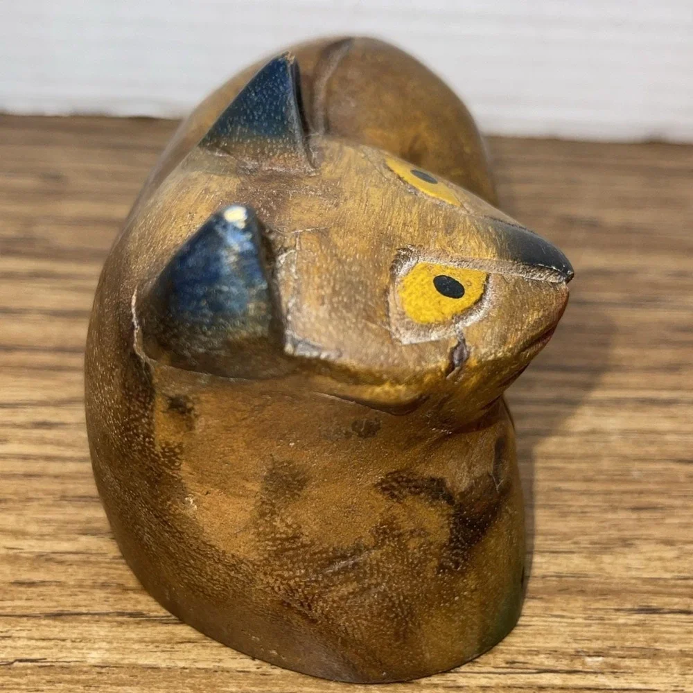 Vintage Hand Carved Wood Cat Shelf Sitter -‎ 1980s Siamese Folk Art